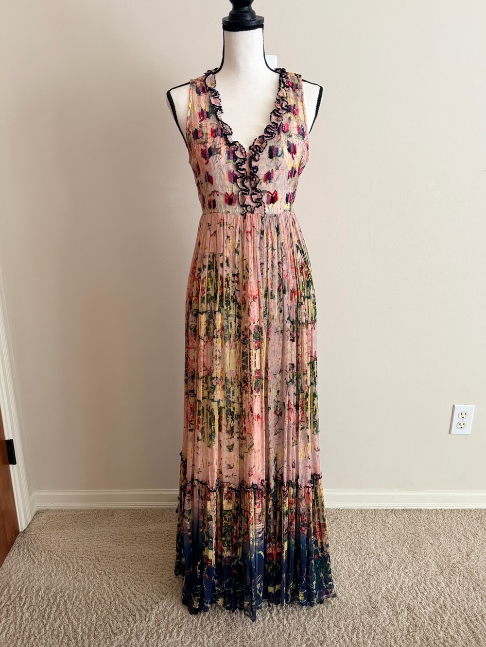 Pink Floral Ruffle-Trim Maxi Dress